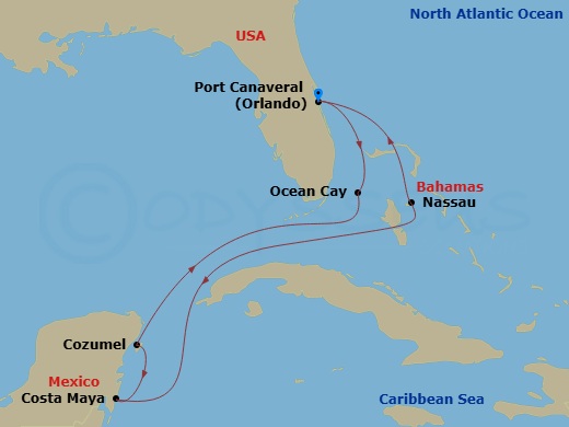Route map: Port Canaveral (Orlando) Florida → Ocean Cay MSC Marine Reserve Bahamas → Cozumel Mexico → Costa Maya Mexico → Nassau Bahamas → Port Canaveral (Orlando) Florida