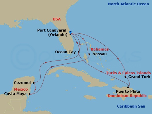 Route map: Port Canaveral (Orlando) Florida → Ocean Cay MSC Marine Reserve Bahamas → Cozumel Mexico → Costa Maya Mexico → Nassau Bahamas → Port Canaveral (Orlando) Florida → Grand Turk Island Turks and Caicos → Puerto Plata Dominican Republic → Ocean Cay MSC Marine Reserve Bahamas → Port Canaveral (Orlando) Florida