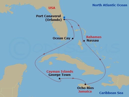 Route map: Port Canaveral (Orlando) Florida → Ocean Cay MSC Marine Reserve Bahamas → George Town Cayman Islands → Ocho Rios Jamaica → Nassau Bahamas → Port Canaveral (Orlando) Florida → Nassau Bahamas → Ocean Cay MSC Marine Reserve Bahamas → Port Canaveral (Orlando) Florida