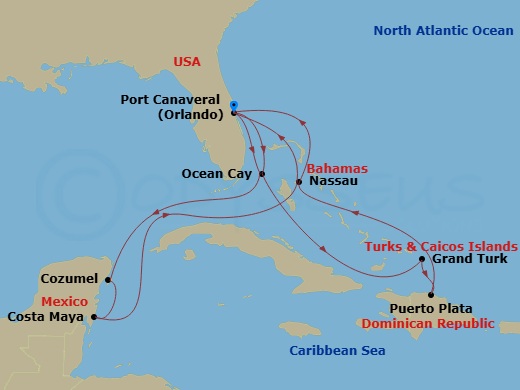 Route map: Port Canaveral (Orlando) Florida → Ocean Cay MSC Marine Reserve Bahamas → Grand Turk Island Turks and Caicos → Puerto Plata Dominican Republic → Nassau Bahamas → Port Canaveral (Orlando) Florida → Ocean Cay MSC Marine Reserve Bahamas → Cozumel Mexico → Costa Maya Mexico → Nassau Bahamas