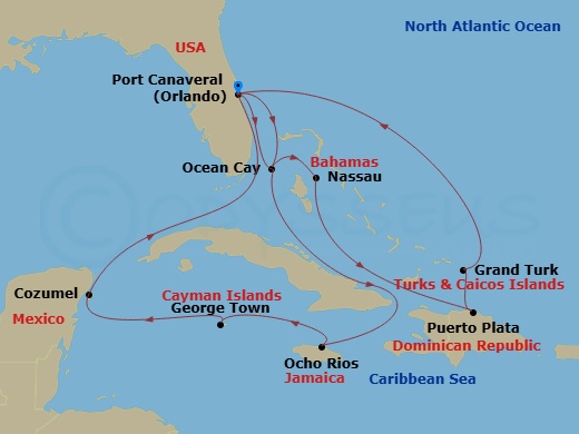 Route map: Port Canaveral (Orlando) Florida → Ocean Cay MSC Marine Reserve Bahamas → Nassau Bahamas → Puerto Plata Dominican Republic → Grand Turk Island Turks and Caicos → Port Canaveral (Orlando) Florida → Ocean Cay MSC Marine Reserve Bahamas → Ocho Rios Jamaica → George Town Cayman Islands → Cozumel Mexico