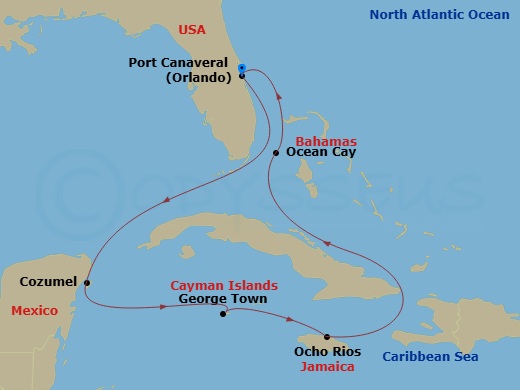 Route map: Port Canaveral (Orlando) Florida → Ocean Cay MSC Marine Reserve Bahamas → Ocho Rios Jamaica → George Town Cayman Islands → Cozumel Mexico → Port Canaveral (Orlando) Florida