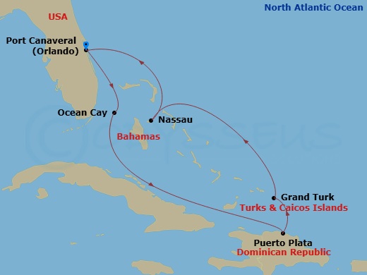 Route map: Port Canaveral (Orlando) Florida → Ocean Cay MSC Marine Reserve Bahamas → Puerto Plata Dominican Republic → Grand Turk Island Turks and Caicos → Nassau Bahamas → Port Canaveral (Orlando) Florida