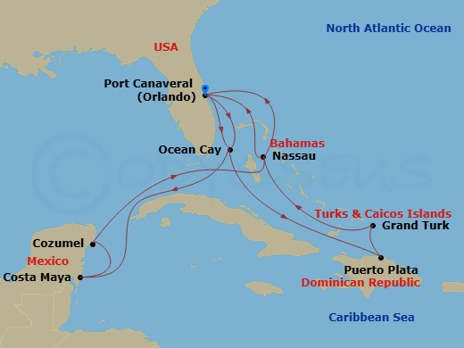 Route map: Port Canaveral (Orlando) Florida → Ocean Cay MSC Marine Reserve Bahamas → Puerto Plata Dominican Republic → Grand Turk Island Turks and Caicos → Nassau Bahamas → Port Canaveral (Orlando) Florida → Ocean Cay MSC Marine Reserve Bahamas → Costa Maya Mexico → Cozumel Mexico → Nassau Bahamas