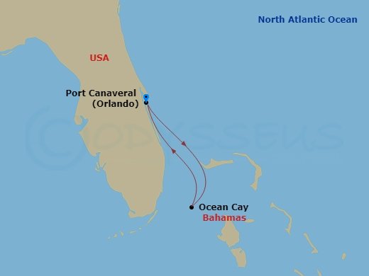 Route map: Port Canaveral (Orlando) Florida → Ocean Cay MSC Marine Reserve Bahamas → Port Canaveral (Orlando) Florida