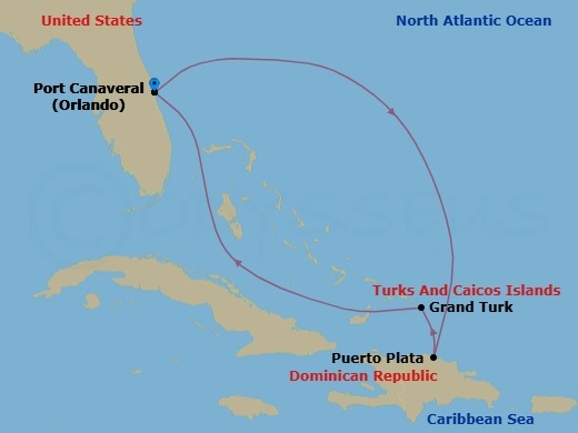 Route map: Orlando (Port Canaveral), Fl → Puerto Plata, Dominican Rep → Grand Turk, Turks & Caicos → Orlando (Port Canaveral), Fl