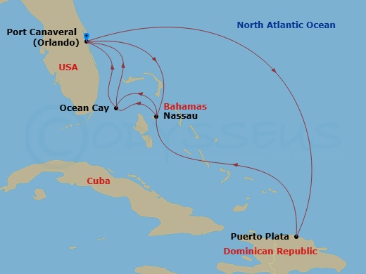 Route map: Port Canaveral (Orlando) Florida → Puerto Plata Dominican Republic → Nassau Bahamas → Ocean Cay MSC Marine Reserve Bahamas → Port Canaveral (Orlando) Florida → Nassau Bahamas → Ocean Cay MSC Marine Reserve Bahamas → Port Canaveral (Orlando) Florida