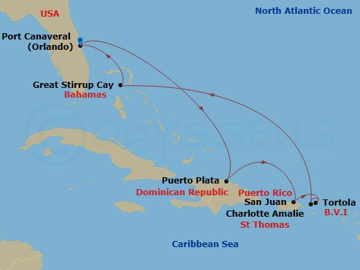 Route map: Orlando-Beaches-Port Canaveral, Fl → Puerto Plata, Dominican Republic → San Juan, Pr → Tortola, British Virgin Islands → St Thomas, Vi → Great Stirrup Cay, Bahamas → Orlando-Beaches-Port Canaveral, Fl