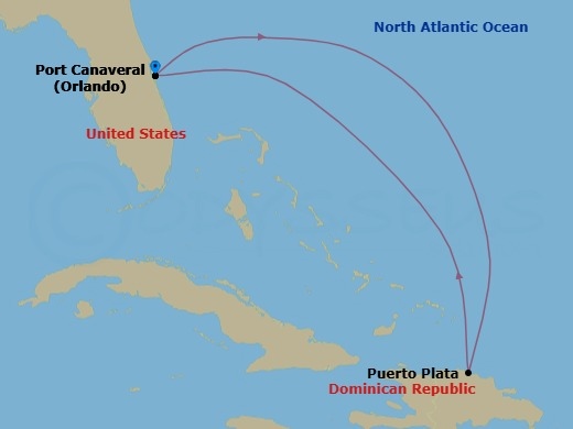 Route map: Orlando (Port Canaveral), Fl → Puerto Plata, Dominican Rep → Orlando (Port Canaveral), Fl