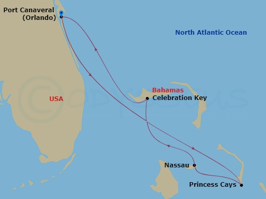 Route map: Port Canaveral (Orlando), Fl → Princess Cays, The Bahamas → Nassau, The Bahamas → Celebration Key, The Bahamas → Port Canaveral (Orlando), Fl