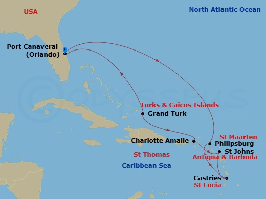 Route map: Orlando (Port Canaveral), Fl → Philipsburg, St. Maarten → Castries, St. Lucia → St. Johns, Antigua → Charlotte Amalie, St. Thomas → Grand Turk, Turks & Caicos → Orlando (Port Canaveral), Fl
