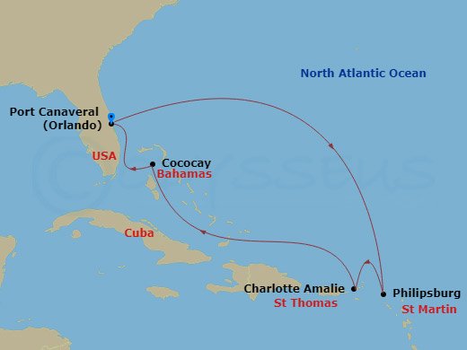 Route map: Orlando (Port Canaveral), Fl → Philipsburg, St. Maarten → Charlotte Amalie, St. Thomas → Perfect Day Cococay, Bahamas → Orlando (Port Canaveral), Fl
