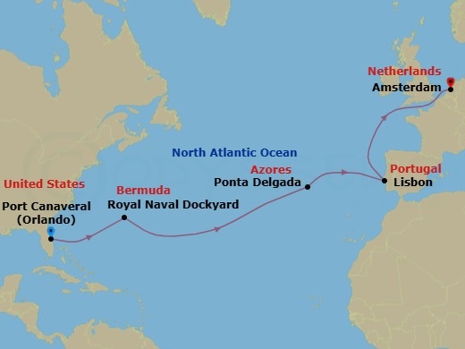 Route map: Orlando (Port Canaveral), Fl → Royal Naval Dockyard,Bermuda → Ponta Delgada, Azores → Lisbon, Portugal → Amsterdam, Netherlands