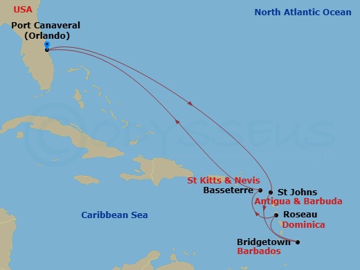 Route map: Orlando (Port Canaveral), Fl → St. Johns, Antigua → Bridgetown, Barbados → Roseau, Dominica → Basseterre, St Kitts & Nevis → Orlando (Port Canaveral), Fl