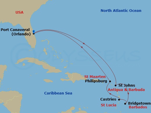 Route map: Orlando (Port Canaveral), Fl → St. Johns, Antigua → Bridgetown, Barbados → Castries, St. Lucia → Philipsburg, St. Maarten → Orlando (Port Canaveral), Fl