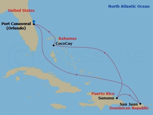 Route map: Orlando (Port Canaveral), Fl → San Juan, Puerto Rico → Samana, Dominican Republic → Perfect Day Cococay, Bahamas → Orlando (Port Canaveral), Fl