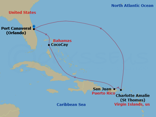 Route map: Orlando (Port Canaveral), Fl → Charlotte Amalie, St. Thomas → San Juan, Puerto Rico → Perfect Day Cococay, Bahamas → Orlando (Port Canaveral), Fl