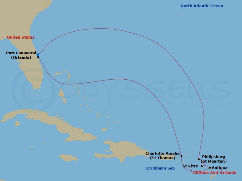 Route map: Port Canaveral (Orlando), Fl → St. Maarten, Na → St. Kitts, Wi → Antigua → St. Thomas, Usvi → Port Canaveral (Orlando), Fl