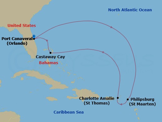 Route map: Orlando (Port Canaveral) → St Maarten (Philipsburg) → St Thomas (Charlotte Amalie) → Castaway Cay → Orlando (Port Canaveral)