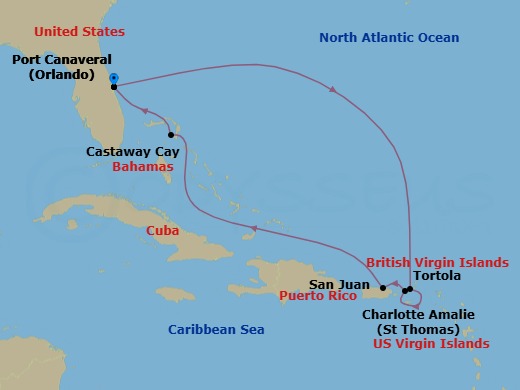 Route map: Port Canaveral → Tortola → St. Thomas,U.S. Virgin Is → San Juan → Castaway Cay → Port Canaveral