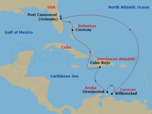 Route map: Orlando (Port Canaveral), Fl → Willemstad, Curacao → Oranjestad, Aruba → Cabo Rojo,Dominican Republic → Perfect Day Cococay, Bahamas → Orlando (Port Canaveral), Fl