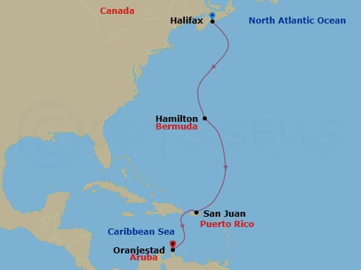 Route map: Halifax, Nova Scotia, Canada → Hamilton, Bermuda → San Juan, Puerto Rico → Oranjestad, Aruba
