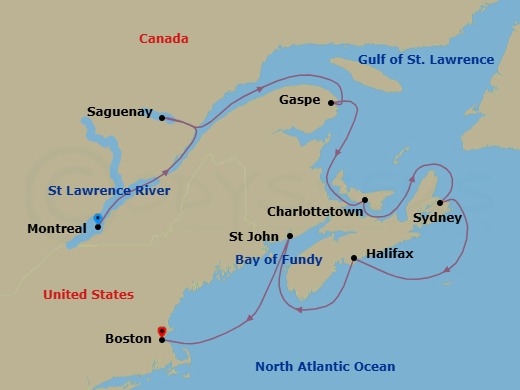 Route map: Montreal → Saguenay → Gaspesie → Charlottetown → Sydney → Halifax → Saint John (Bay Of Fundy) → Boston