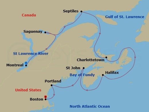 Route map: Montreal → Saguenay → Sept-Iles → Charlottetown → Halifax → Saint John (Bay Of Fundy) → Portland → Boston