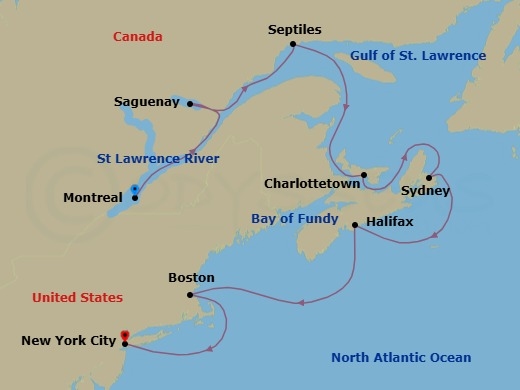 Route map: Montreal → Saguenay → Sept-Iles → Charlottetown → Sydney → Halifax → Boston → New York