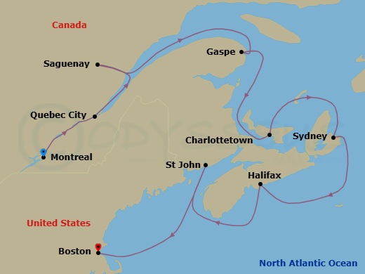 Route map: Montreal → Quebec City → Saguenay → Gaspesie → Charlottetown → Sydney → Halifax → Saint John (Bay Of Fundy) → Boston