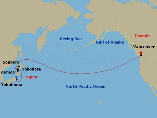 Route map: Yokohama → Aomori → Hakodate → Sapporo → Vancouver
