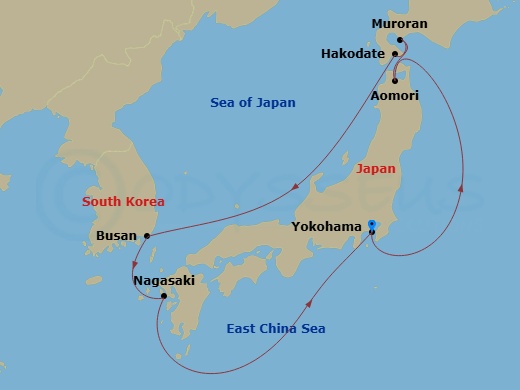 Route map: Tokyo (Yokohama), Japan → Aomori, Japan → Muroran, Japan → Hakodate, Japan → Busan, South Korea → Nagasaki, Japan → Tokyo (Yokohama), Japan