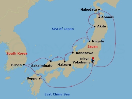 Route map: Yokohama, Japan → Beppu, Japan → Busan (Pusan), South Korea → Sakaiminato, Japan → Maizuru, Japan → Kanazawa, Japan → Niigata, Japan → Akita, Japan → Aomori, Japan → Hakodate, Japan