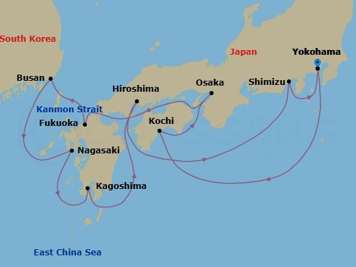 Route map: Yokohama → Kochi → Osaka → Fukuoka → Busan → Nagasaki → Kagoshima → Hiroshima → Shimizu → Yokohama