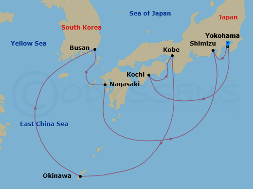 Route map: Tokyo (Yokohama), Japan → Kochi, Japan → Kobe, Japan → Okinawa, Japan → Busan, South Korea → Nagasaki, Japan → Mt Fuji (Shimizu), Japan → Tokyo (Yokohama), Japan