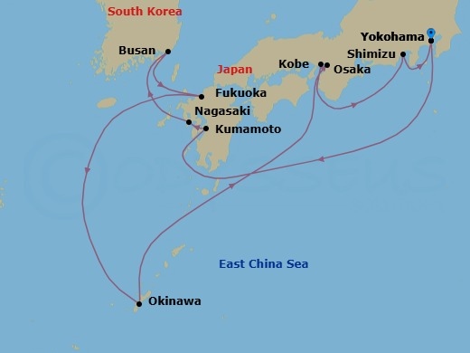 Route map: Tokyo (Yokohama), Japan → Kumamoto (Yatsushiro), Japan → Nagasaki, Japan → Busan, South Korea → Fukuoka, Japan → Okinawa, Japan → Kyoto (Osaka), Japan → Kobe, Japan → Mt Fuji (Shimizu), Japan → Tokyo (Yokohama), Japan