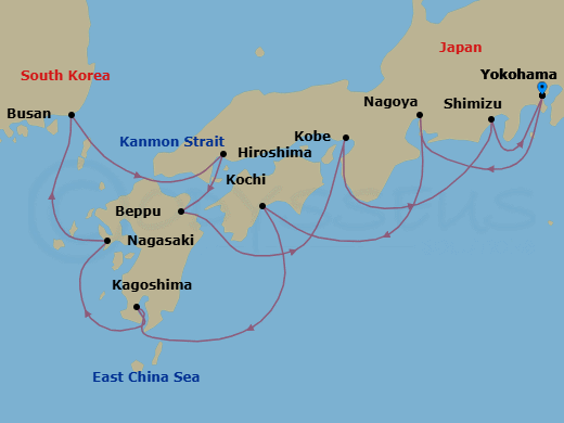 Route map: Tokyo (Yokohama) → Nagoya → Kochi → Kagoshima → Nagasaki → Busan → Hiroshima → Beppu → Kyoto (Kobe) → Shimizu