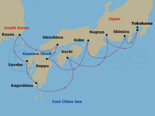 Route map: Tokyo (Yokohama) → Nagoya → Kochi → Kagoshima → Sasebo → Busan → Hiroshima → Beppu → Kyoto (Kobe) → Shimizu