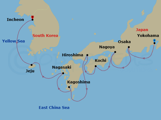 Route map: Tokyo (Yokohama) → Nagoya → Osaka → Kochi → Hiroshima → Kagoshima → Nagasaki → Jeju → Seoul (Incheon)