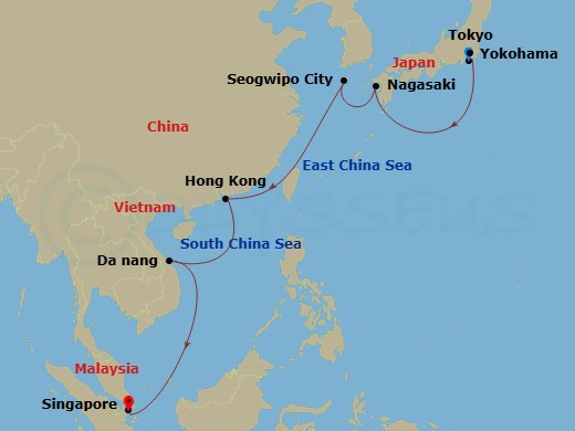 Route map: Tokyo (Yokohama), Japan → Nagasaki, Japan → Jeju(Seogwipo),South Korea → Hong Kong, China → Hue/Danang(Chan May),Vietnam → Singapore, Singapore