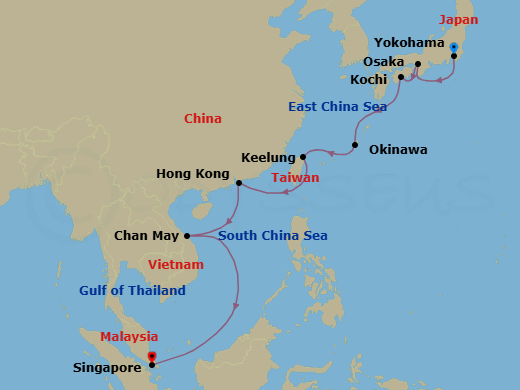 Route map: Tokyo (Yokohama), Japan → Osaka, Japan → Kochi, Japan → Okinawa, Japan → Taipei(Keelung),Taiwan,China → Hong Kong, China → Hue/Danang(Chan May),Vietnam → Singapore, Singapore
