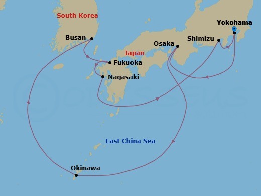 Route map: Tokyo (Yokohama), Japan → Kyoto (Osaka), Japan → Okinawa, Japan → Busan, South Korea → Fukuoka, Japan → Nagasaki, Japan → Mt Fuji (Shimizu), Japan → Tokyo (Yokohama), Japan