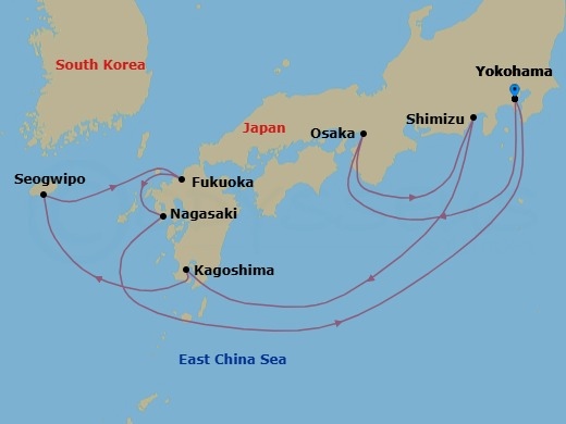 Route map: Tokyo (Yokohama), Japan → Kyoto (Osaka), Japan → Mt Fuji (Shimizu), Japan → Kagoshima, Japan → Jeju(Seogwipo),South Korea → Fukuoka, Japan → Nagasaki, Japan → Tokyo (Yokohama), Japan