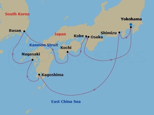 Route map: Tokyo (Yokohama), Japan → Kyoto (Osaka), Japan → Kobe, Japan → Kochi, Japan → Busan, South Korea → Nagasaki, Japan → Kagoshima, Japan → Mt Fuji (Shimizu), Japan → Tokyo (Yokohama), Japan