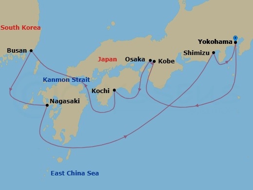 Route map: Tokyo (Yokohama), Japan → Kyoto (Osaka), Japan → Kobe, Japan → Kochi, Japan → Busan, South Korea → Nagasaki, Japan → Mt Fuji (Shimizu), Japan → Tokyo (Yokohama), Japan