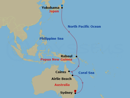 Route map: Yokohama (tours to Tokyo), Japan → Rabaul, Papua New Guinea → Cairns, QLD, Australia → Airlie Beach, QLD, Australia → Sydney, NSW, Australia