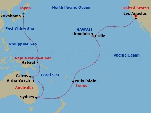 Route map: Yokohama (tours to Tokyo), Japan → Rabaul, Papua New Guinea → Cairns, QLD, Australia → Airlie Beach, QLD, Australia → Sydney, NSW, Australia → Nuku'alofa, Tonga → Cross International Date Line (Cruise-by) → Honolulu, HI, USA → Hilo, HI, USA → Los Angeles, CA, USA