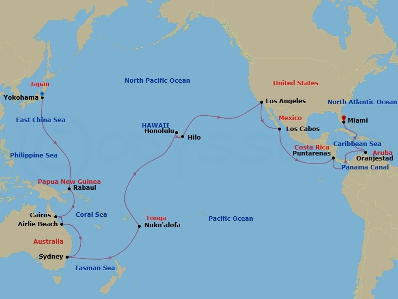 Route map: Yokohama (tours to Tokyo), Japan → Rabaul, Papua New Guinea → Cairns, QLD, Australia → Airlie Beach, QLD, Australia → Sydney, NSW, Australia → Nuku'alofa, Tonga → Cross International Date Line (Cruise-by) → Honolulu, HI, USA → Hilo, HI, USA → Los Angeles, CA, USA
