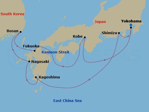 Route map: Tokyo (Yokohama), Japan → Mt Fuji (Shimizu), Japan → Kagoshima, Japan → Nagasaki, Japan → Busan, South Korea → Fukuoka, Japan → Kobe, Japan → Tokyo (Yokohama), Japan
