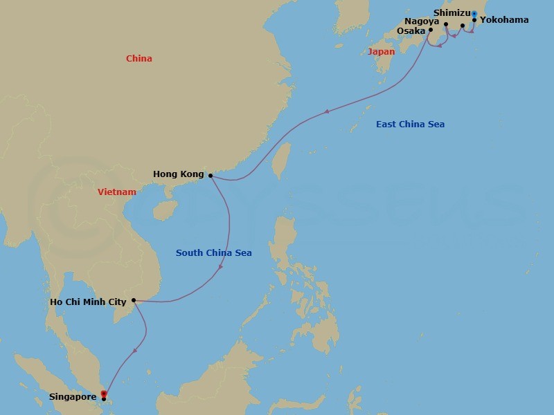 Route map: Tokyo (Yokohama), Japan → Mt Fuji (Shimizu), Japan → Nagoya, Japan → Osaka, Japan → Hong Kong, China → Ho Chi Minh Phuoc An,Vietnam → Singapore, Singapore